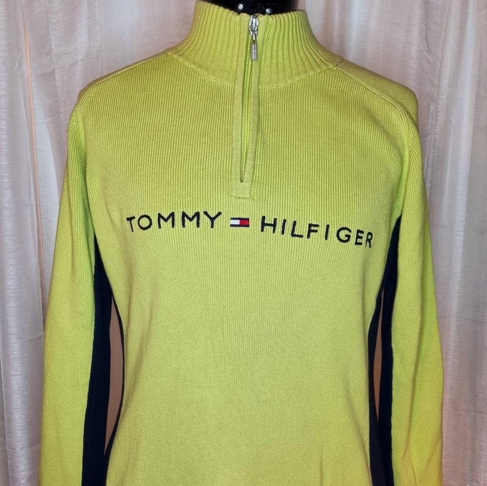 Tommy Hilfiger Mens Logo French Rib Quarter-Zip Green Cotton Sweater Size XL - Picture 1 of 10